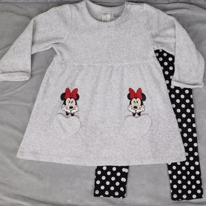 Disney Minnie Mouse Fleece Dress Set Top Tunic Polka Dot Pants H & M 18 24 Girl